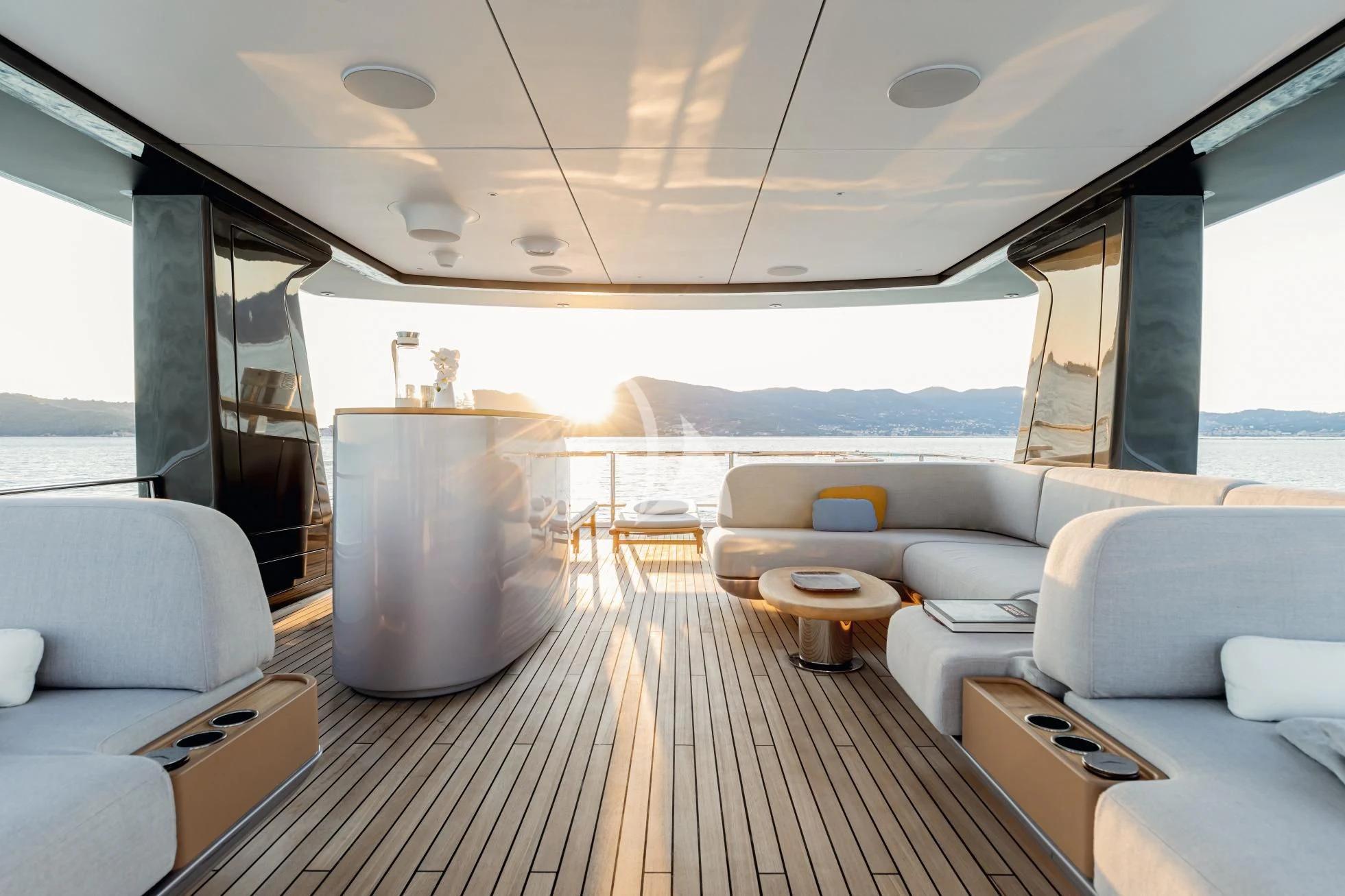 a large living room with a large window aboard LUZ DE MAR Yacht for Sale