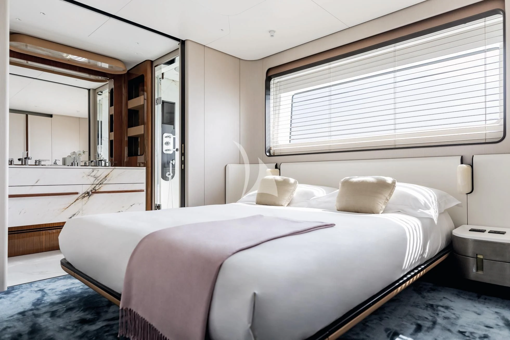 a bed in a room aboard LUZ DE MAR Yacht for Sale