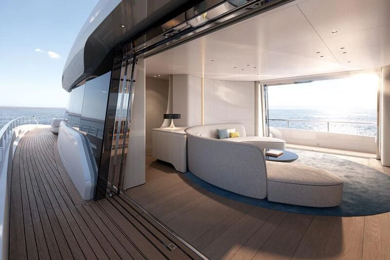 a room with a couch and a table and a large window aboard LUZ DE MAR Yacht for Sale