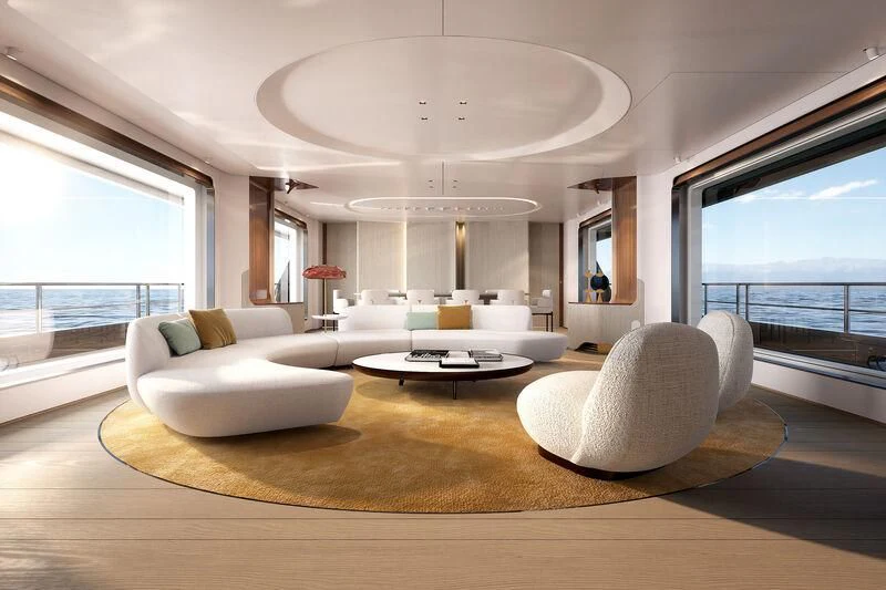 a large living room with a large window aboard LUZ DE MAR Yacht for Sale