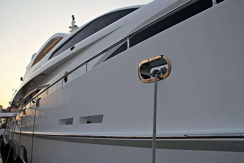 a large boat with a mirror on the front aboard METEOR Yacht for Sale