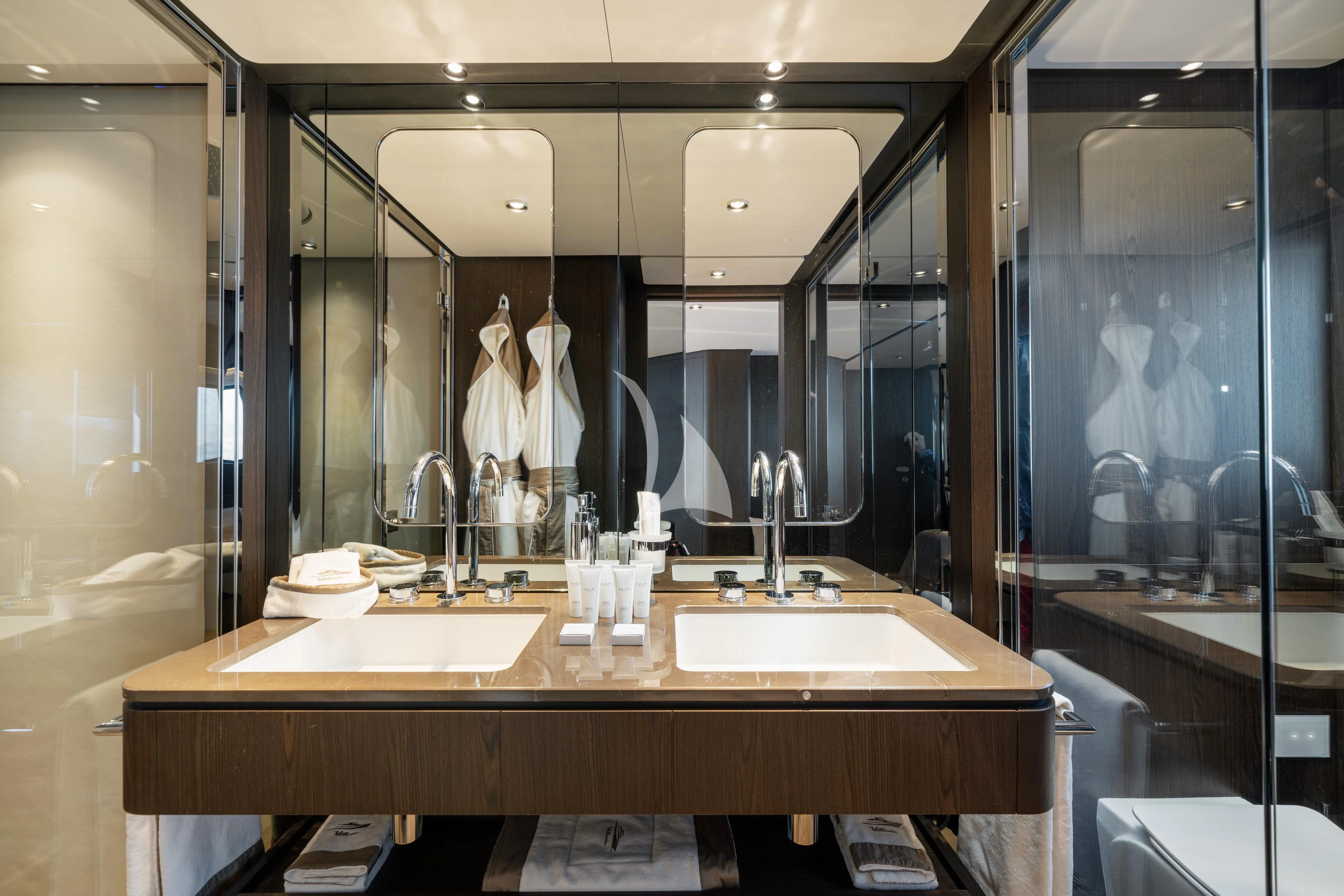 a bathroom with two sinks aboard VITTORIA Yacht for Sale