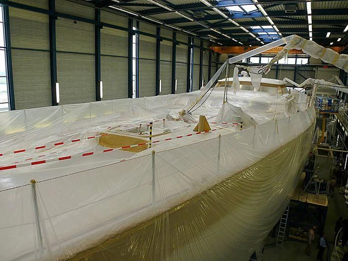 a large white model boat aboard ETHEREAL Yacht for Sale