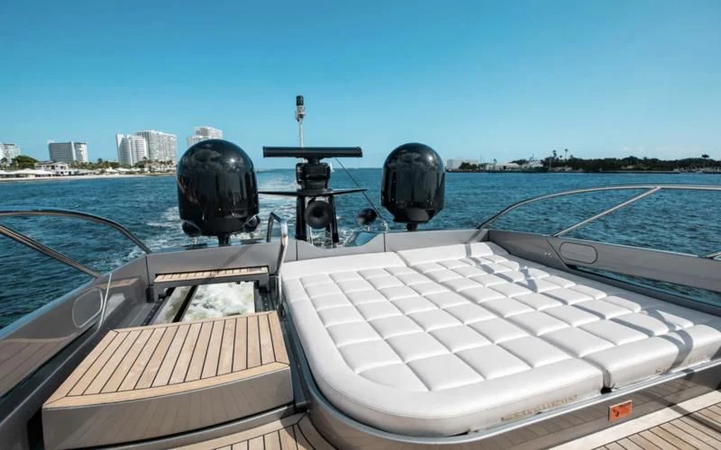 a boat with a large speaker on the front aboard AFRICAN WILD DOG Yacht for Sale