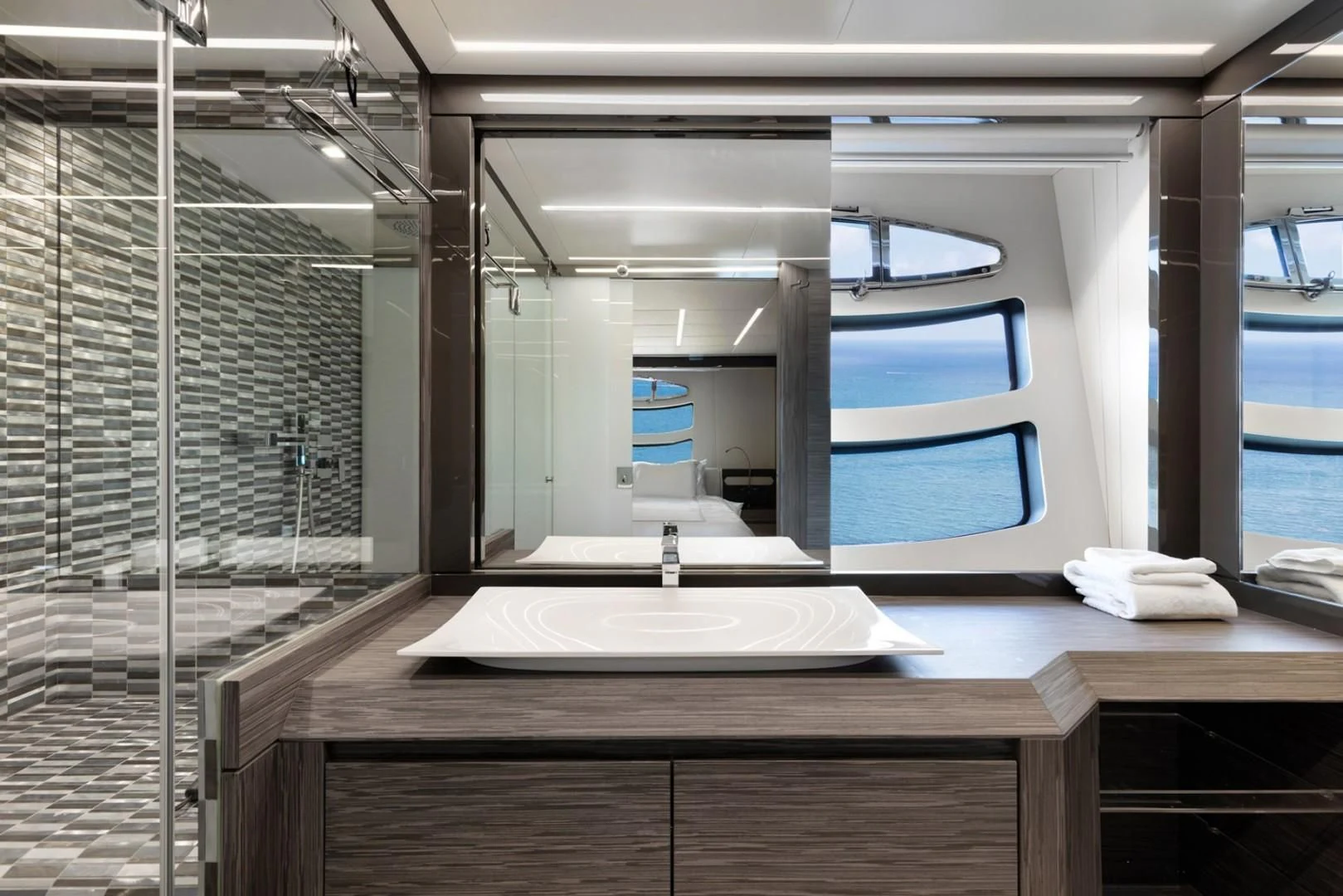 a room with a large window aboard AFRICAN WILD DOG Yacht for Sale