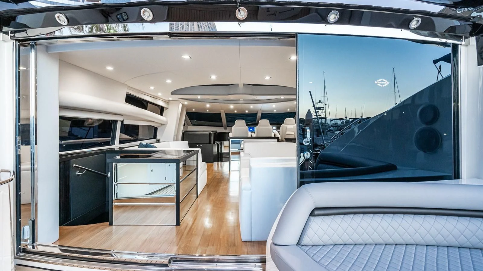 a room with a large blue screen aboard NORMA JEAN Yacht for Sale