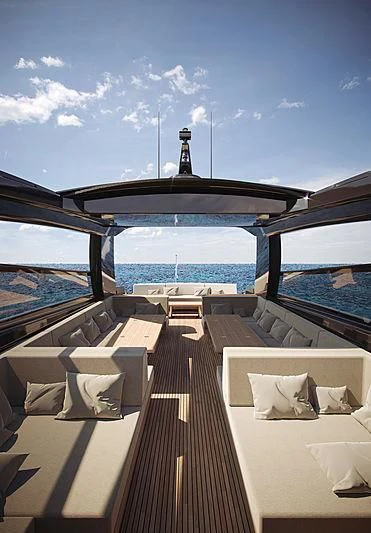 a deck with a view of the ocean and a large cruise ship aboard CARA MONTANA Yacht for Sale