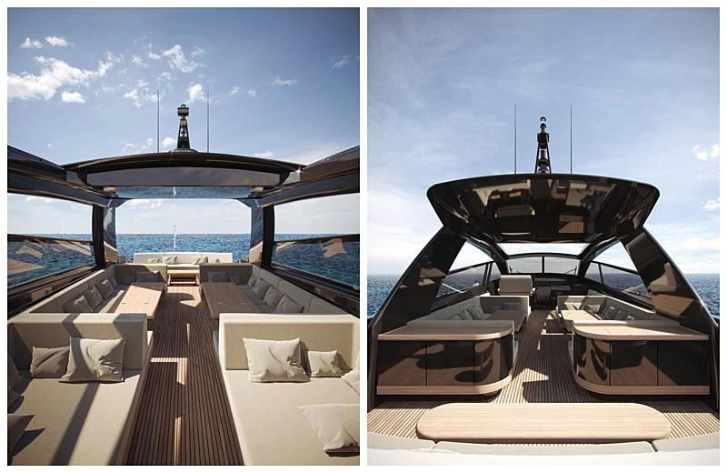 a deck with a view of a city and a large ship aboard CARA MONTANA Yacht for Sale