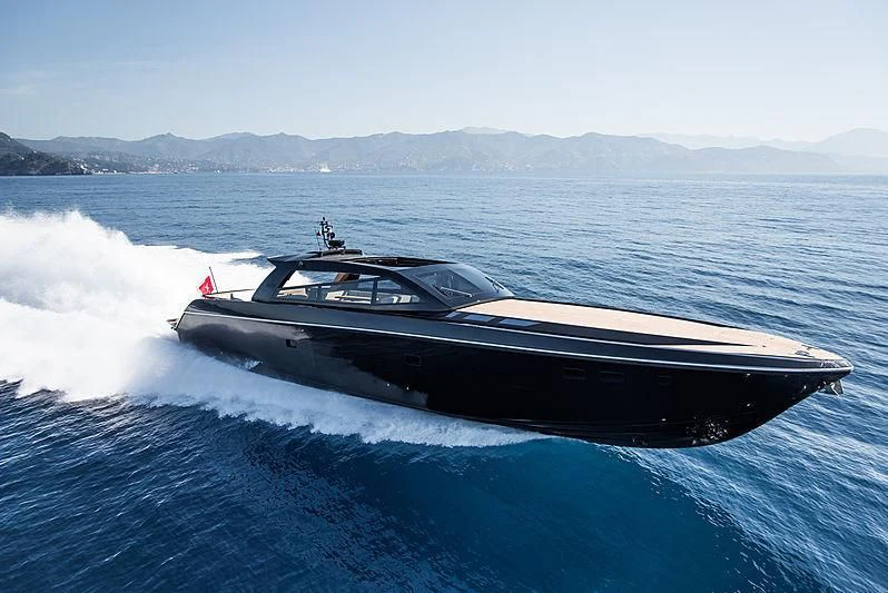 a black boat on water aboard CARA MONTANA Yacht for Sale