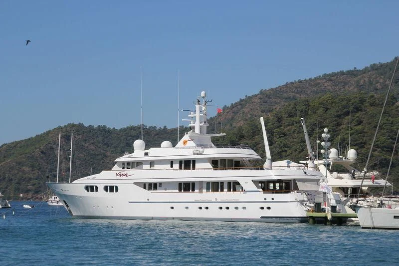 a large white boat in the water aboard VAVA Yacht for Sale
