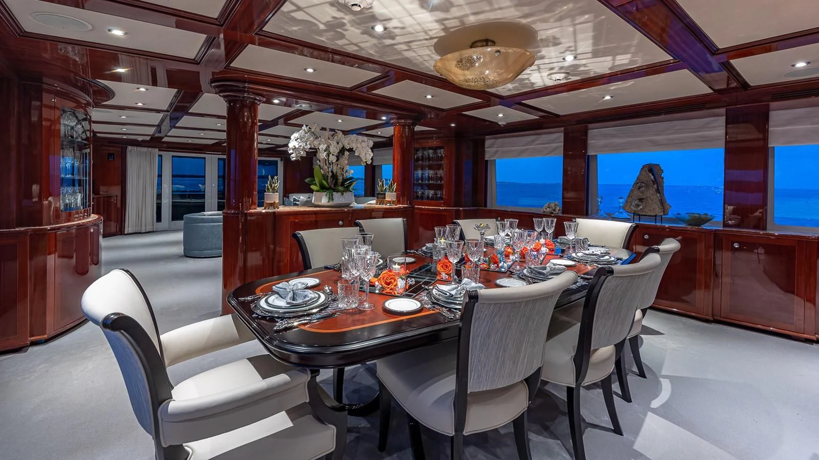 a large dining room with a table and chairs aboard KASHMIR Yacht for Charter