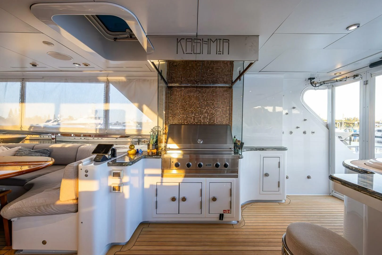 a kitchen with a stove and cabinets aboard KASHMIR Yacht for Charter