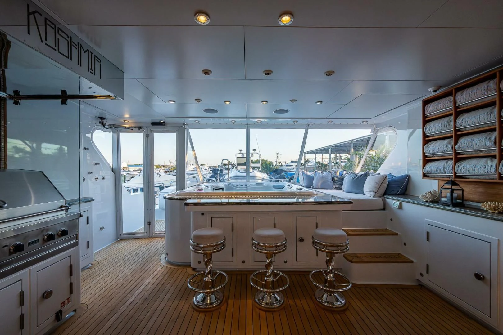 a kitchen with a large window aboard KASHMIR Yacht for Charter