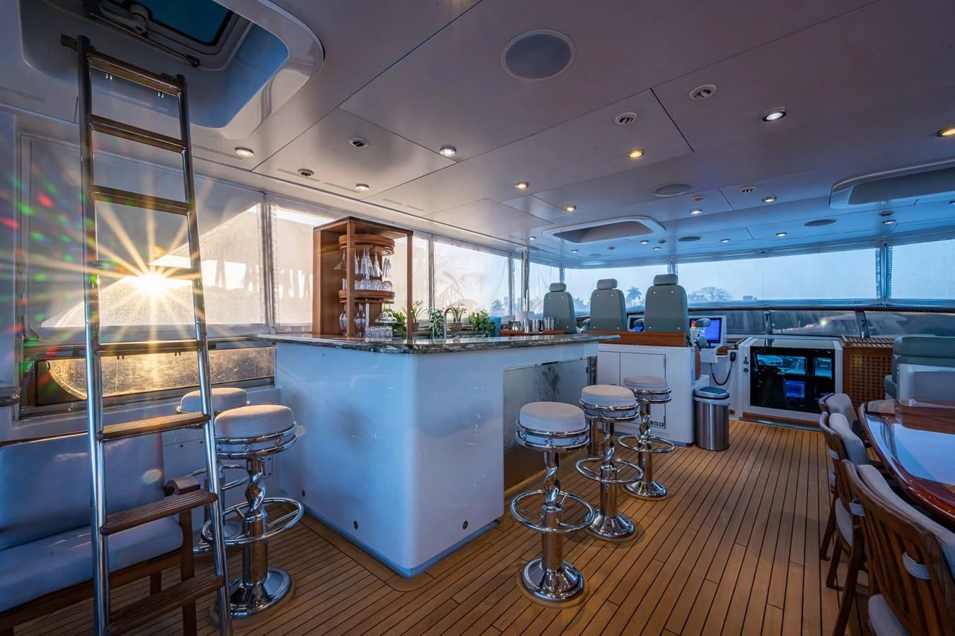 a kitchen with a large glass wall aboard KASHMIR Yacht for Charter