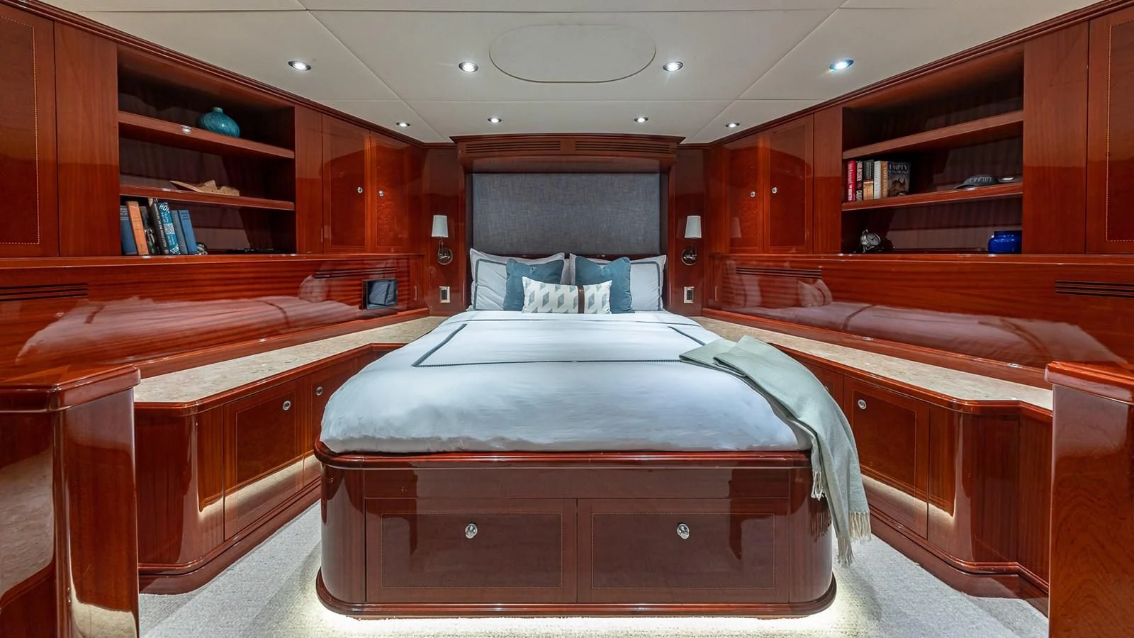 a bed in a room aboard KASHMIR Yacht for Charter