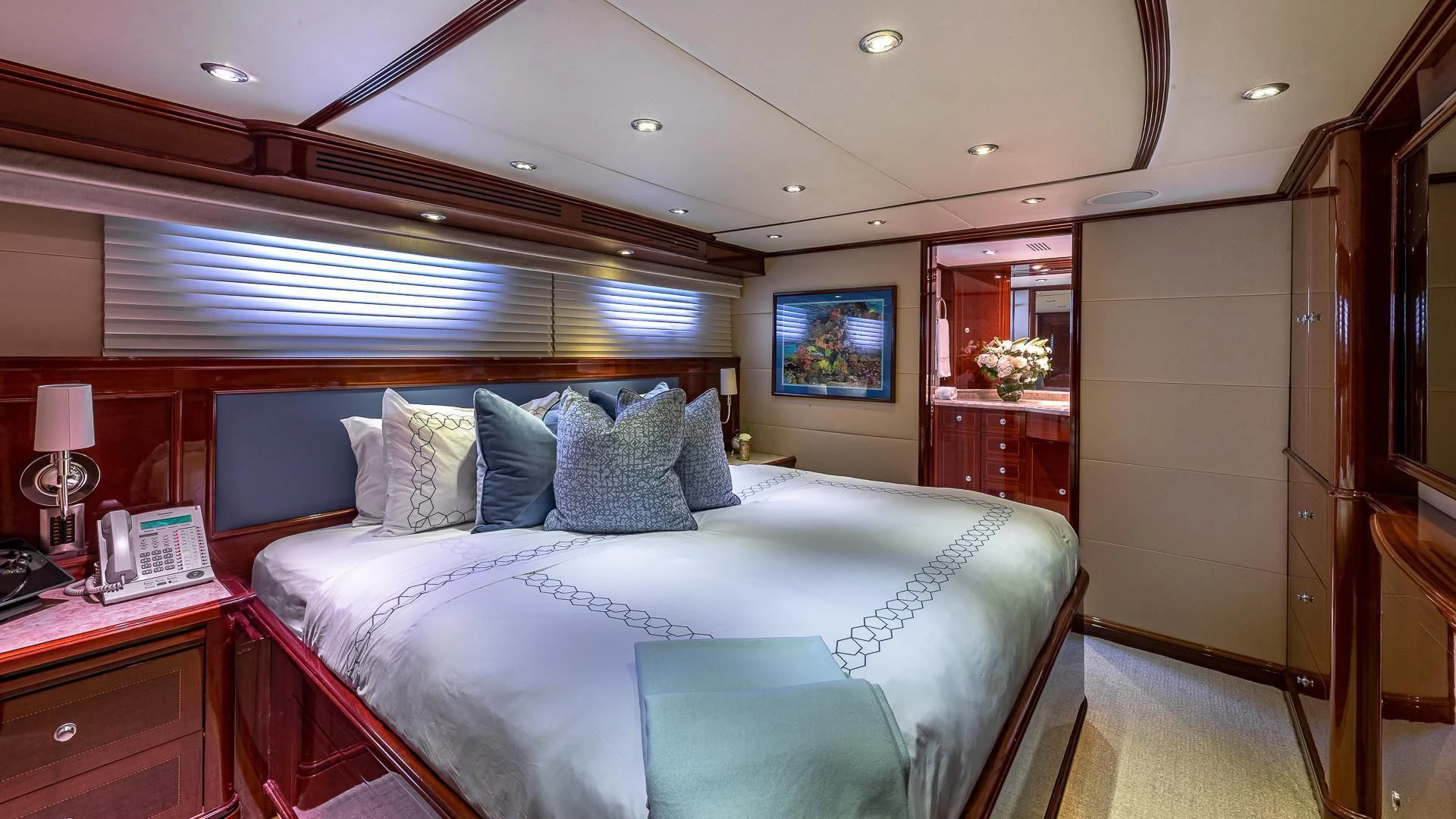 a bed in a room aboard KASHMIR Yacht for Charter