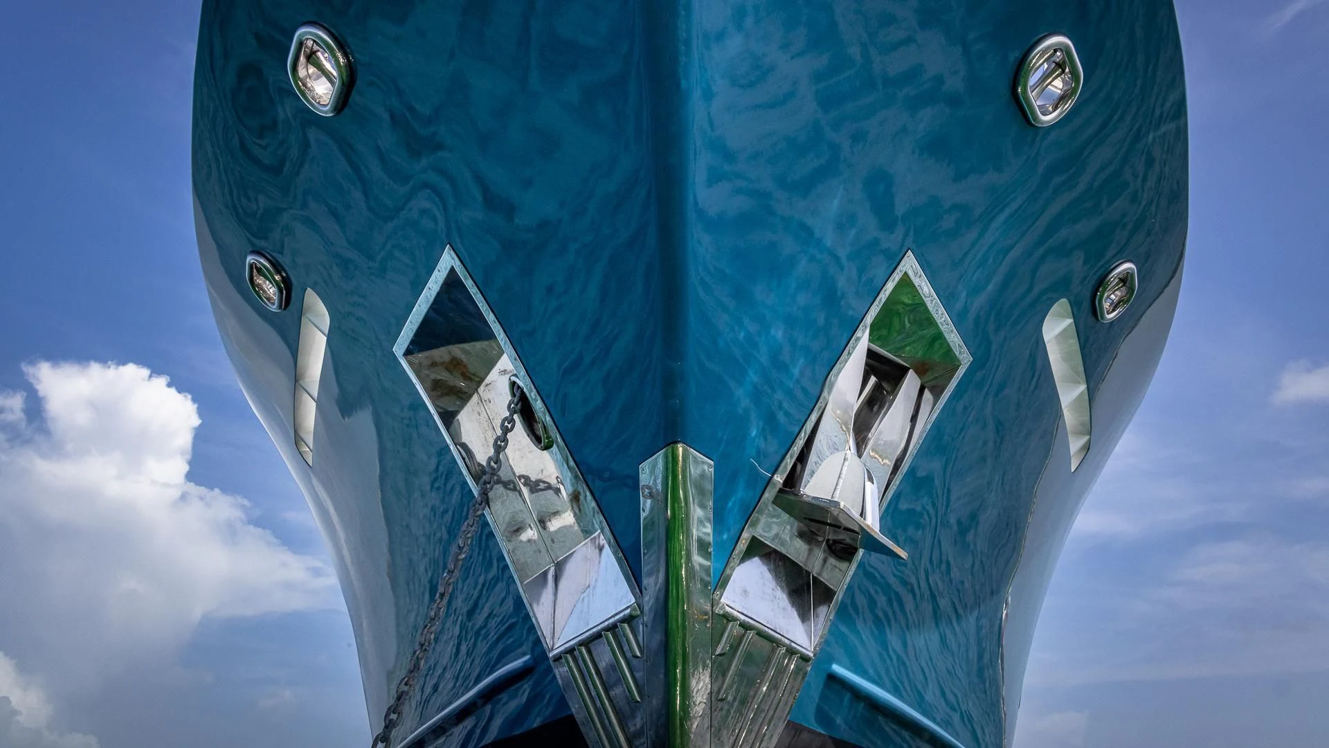 a blue tower with a satellite dish aboard KASHMIR Yacht for Charter