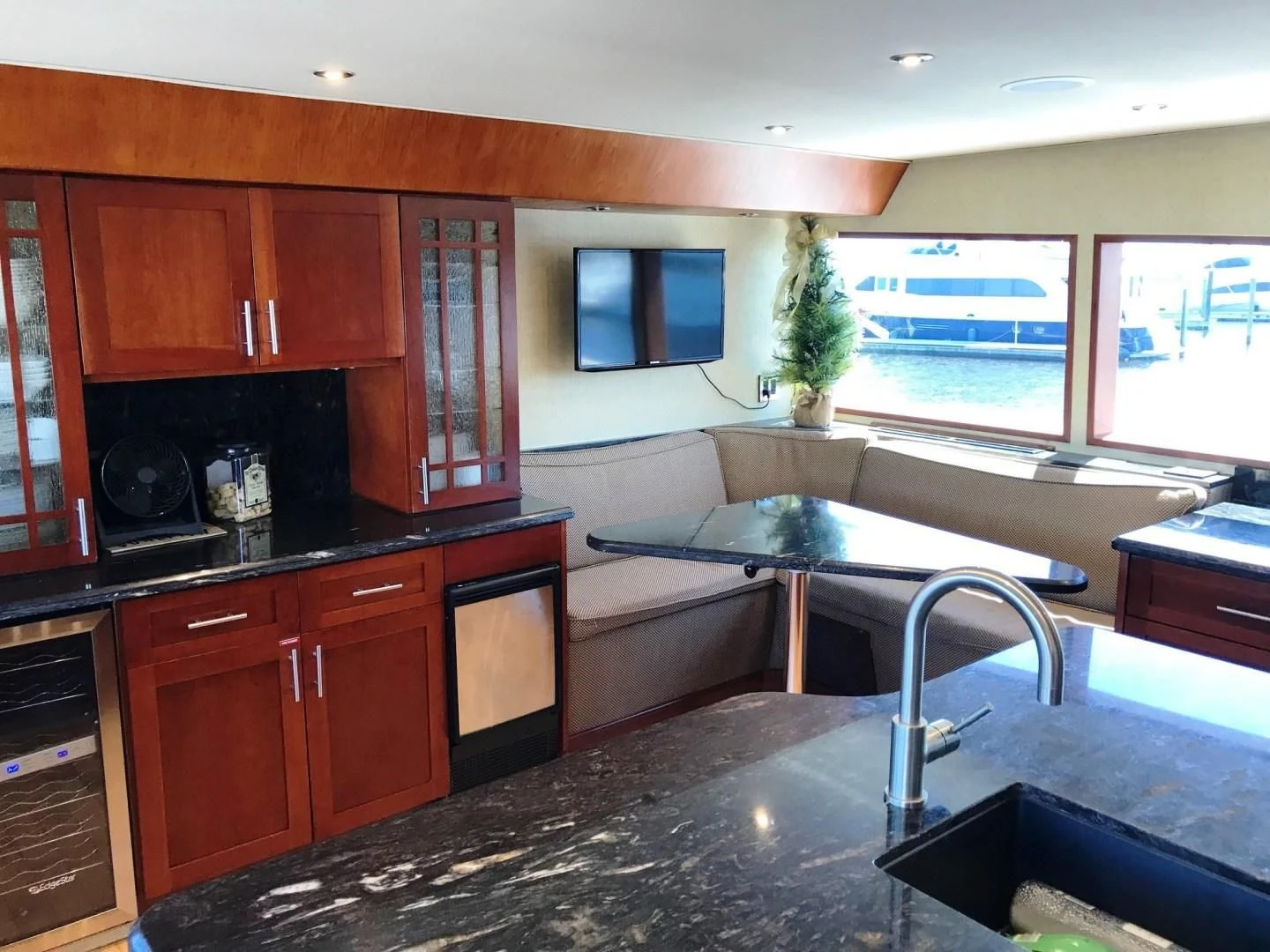 a kitchen with a large island aboard SEAQUEST Yacht for Sale