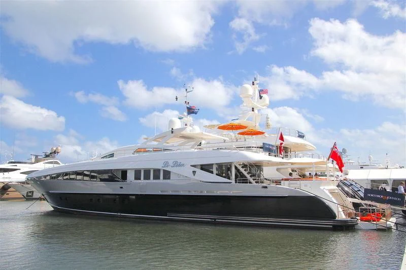a large boat docked aboard HASHTAG Yacht for Sale
