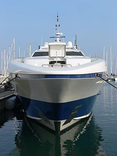a white and blue boat aboard HASHTAG Yacht for Sale