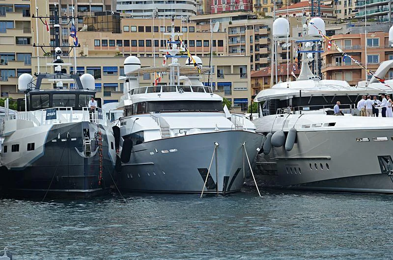 a group of boats in a harbor aboard NATALIA V Yacht for Sale