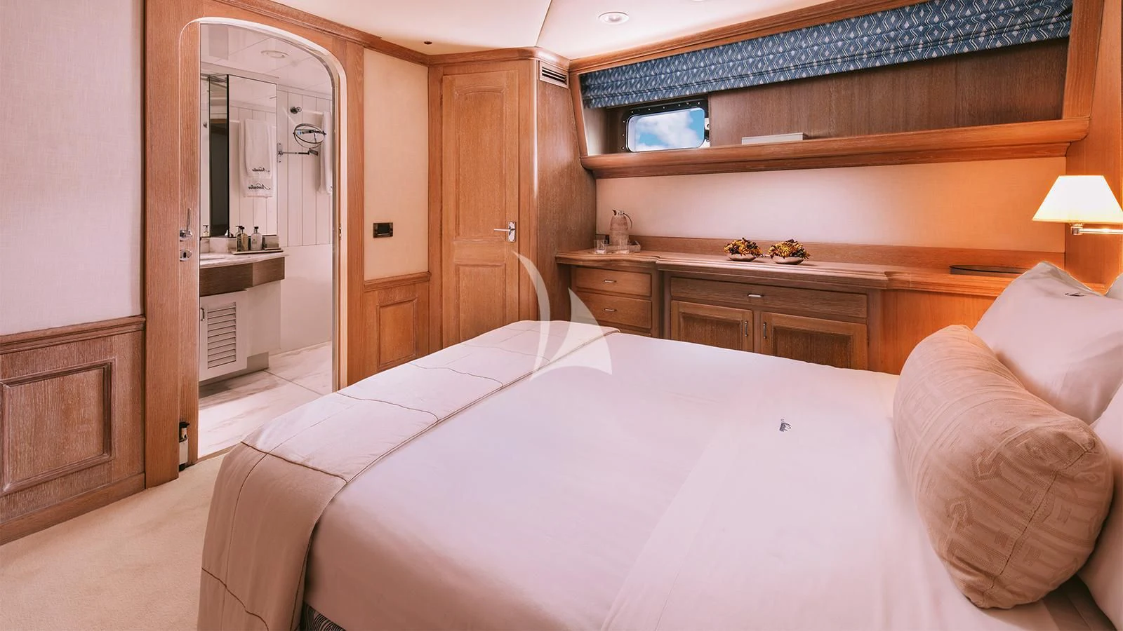 a bed in a room aboard NATALIA V Yacht for Sale