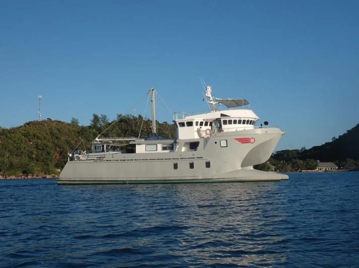 a white boat in the water aboard BASILISK Yacht for Sale