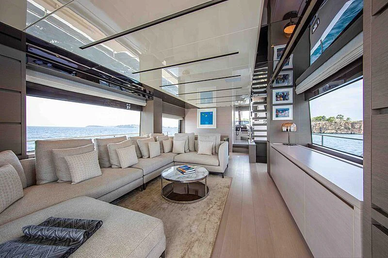 a living room with a large window aboard BALANCE Yacht for Sale
