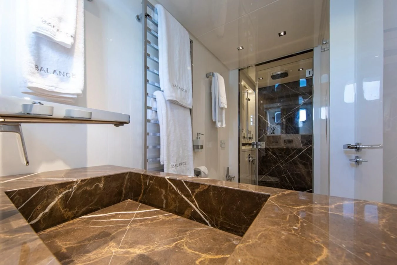 a bathroom with a large jacuzzi tub aboard BALANCE Yacht for Sale