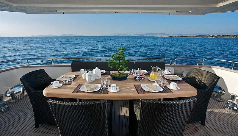 a table set for a meal on a deck overlooking the ocean aboard HABANO Yacht for Sale