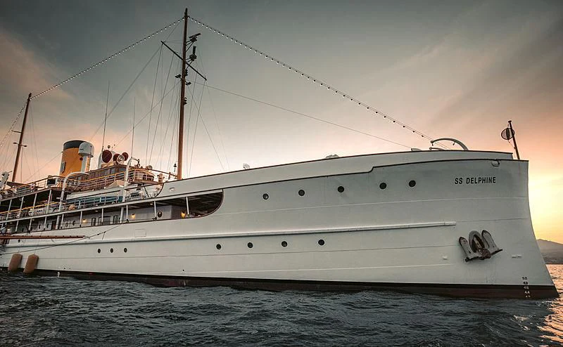 a large white boat in the water aboard SS DELPHINE Yacht for Sale