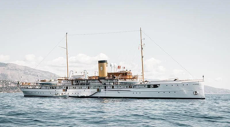 a large white ship in the water aboard SS DELPHINE Yacht for Sale