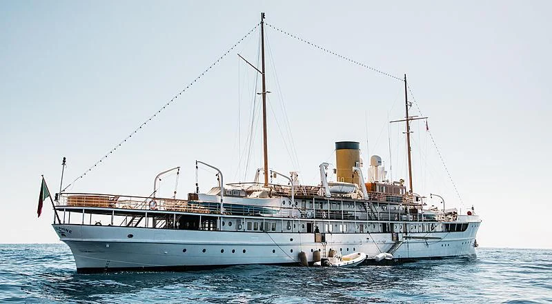 a large boat in the water aboard SS DELPHINE Yacht for Sale