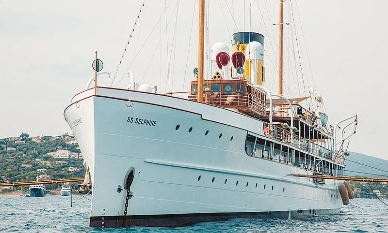 a large white boat in the water aboard SS DELPHINE Yacht for Sale