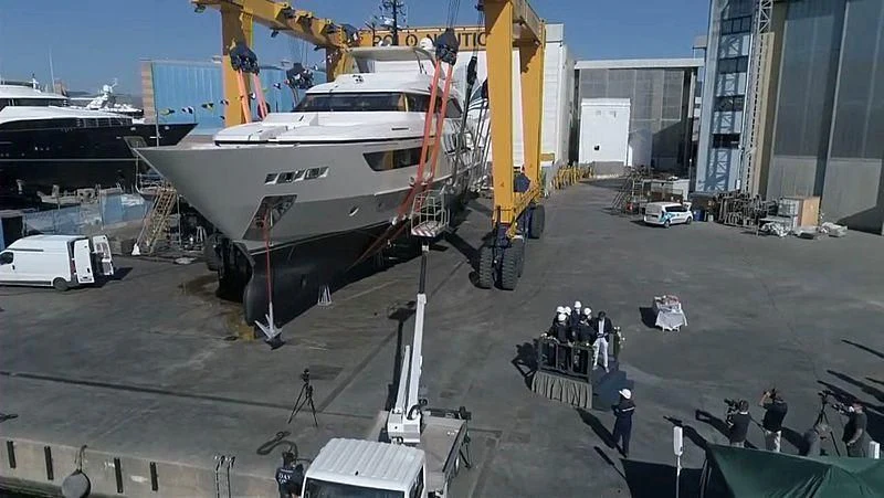 a large white and orange boat docked aboard DARYA Yacht for Sale