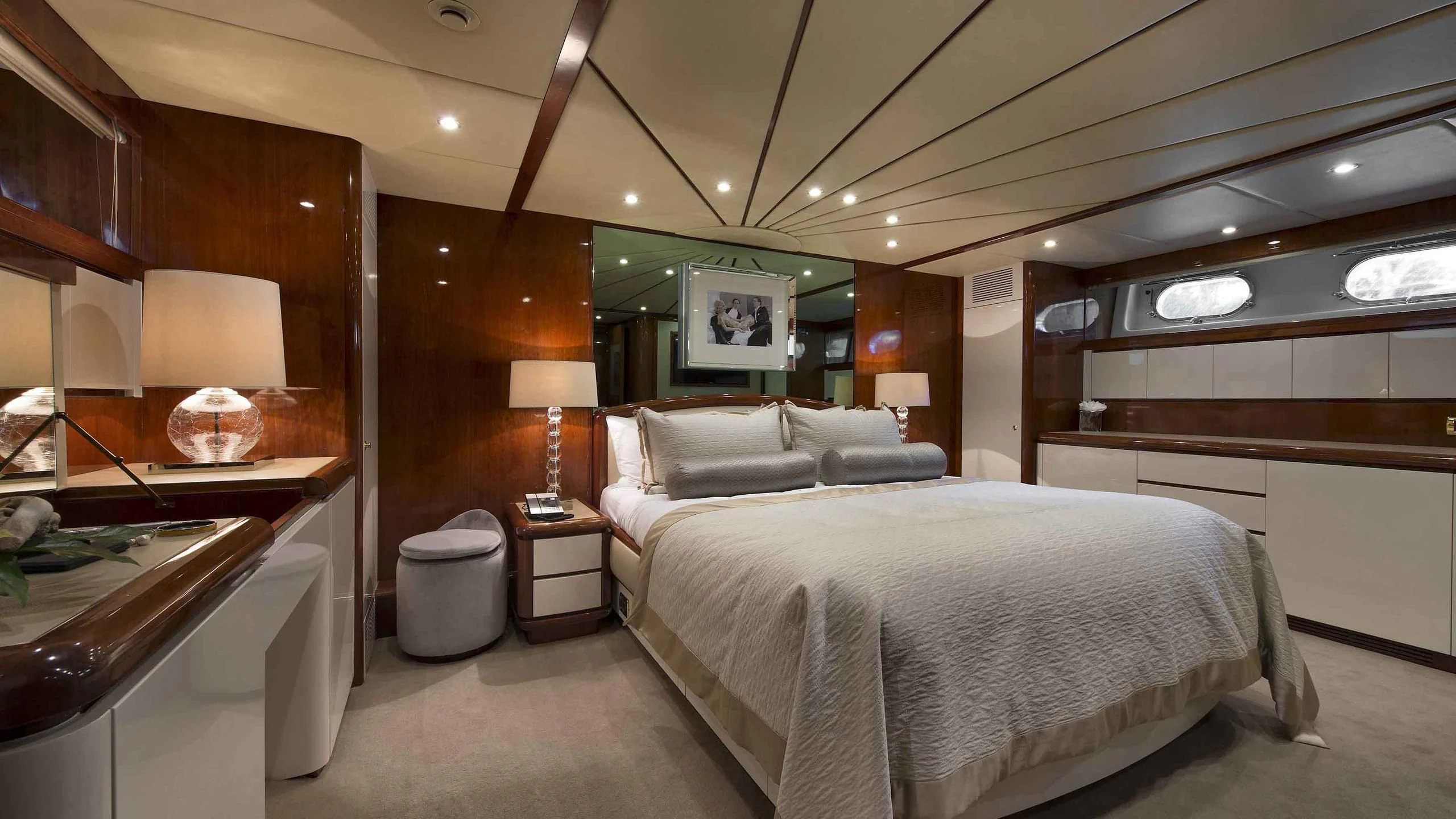 a room with two beds aboard LUMINOUS Yacht for Sale