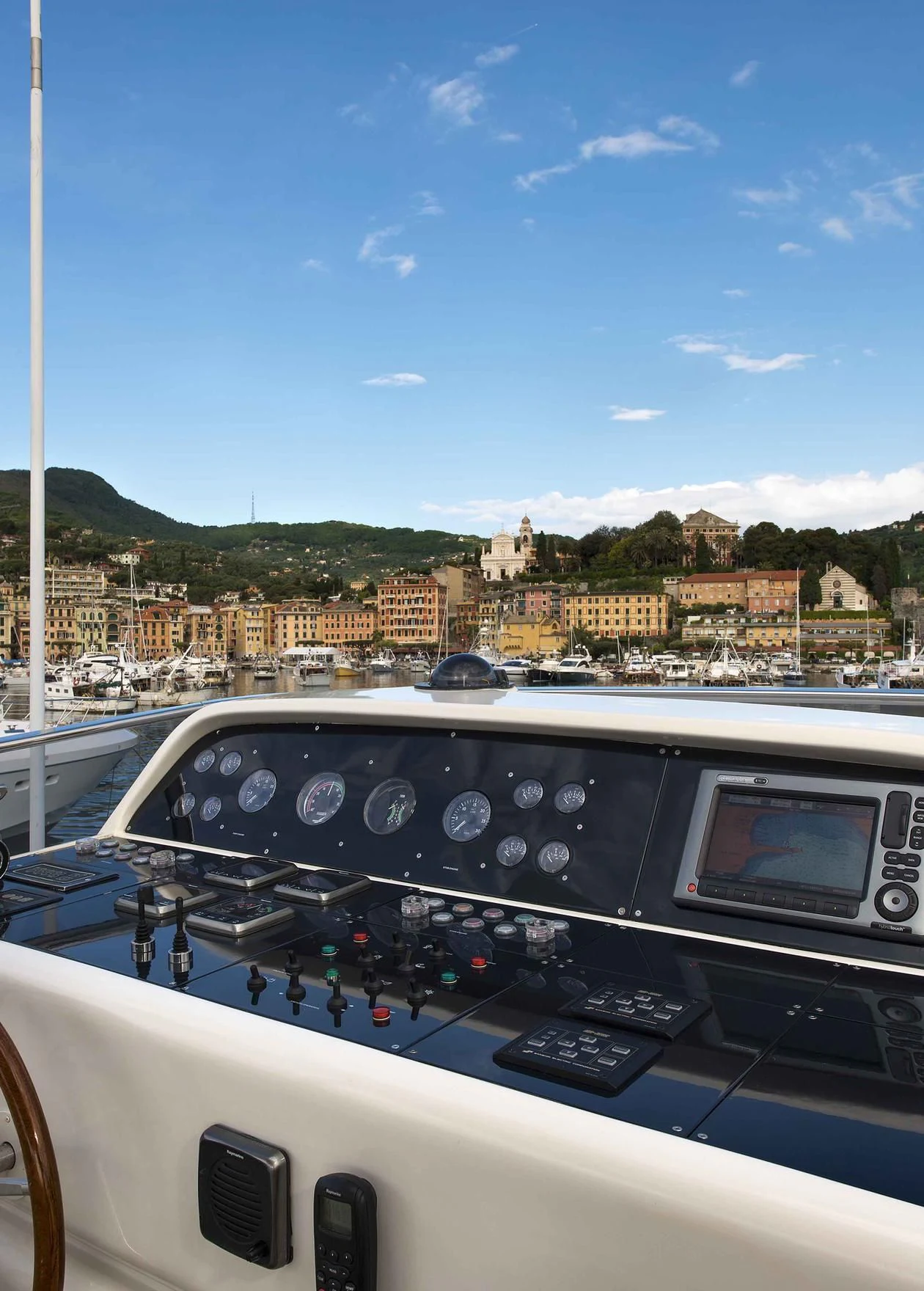 a view of a city from a cockpit aboard LUMINOUS Yacht for Sale