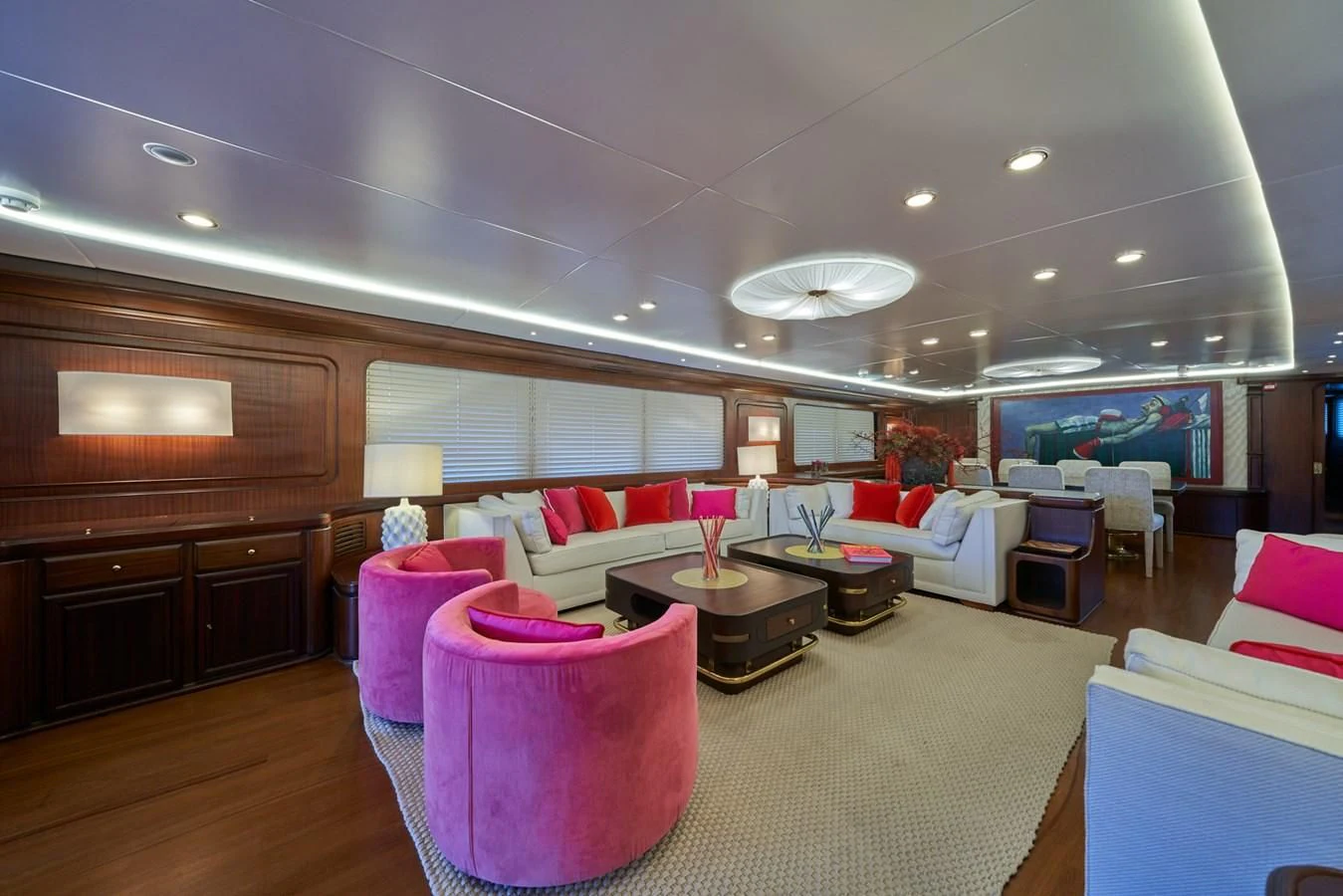 a room with a couch and a table and chairs aboard DENEB'S DAUGHTERS Yacht for Sale