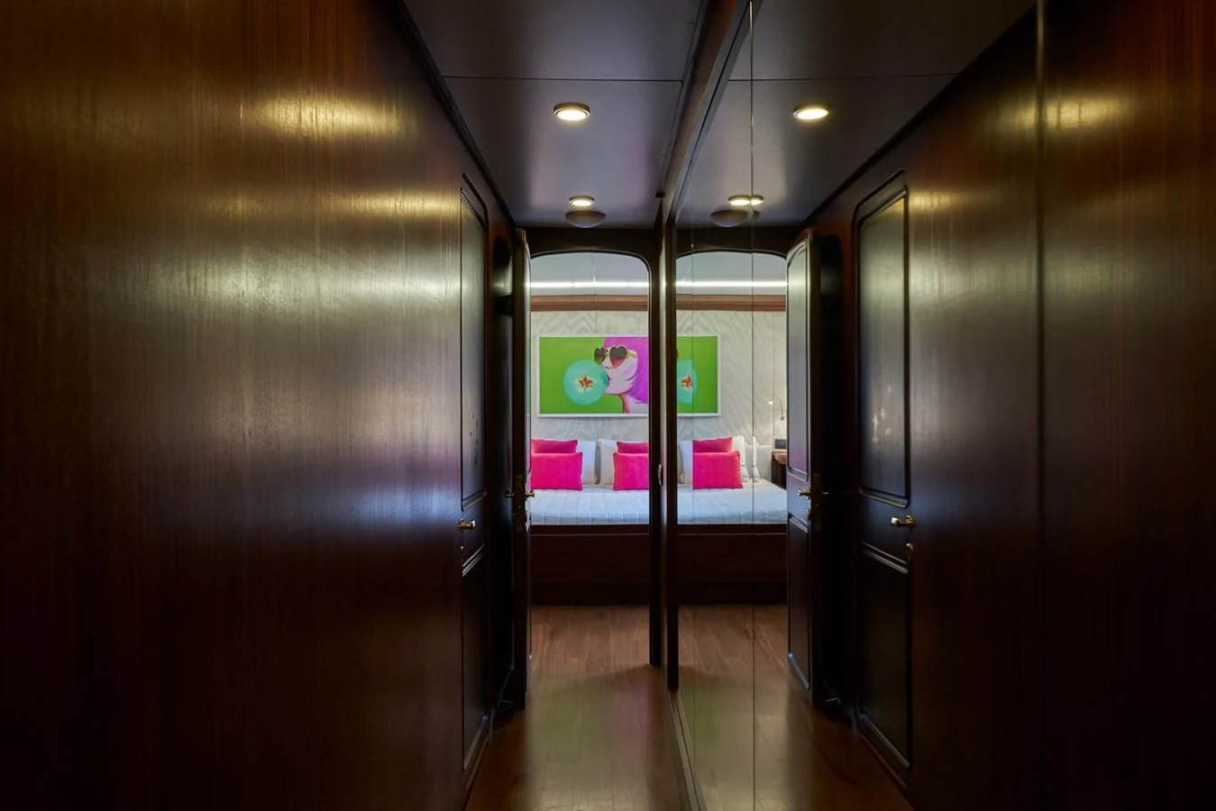 a hallway with a glass door aboard DENEB'S DAUGHTERS Yacht for Sale