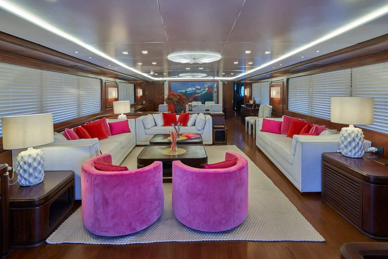 a living room with a couch and a table aboard DENEB'S DAUGHTERS Yacht for Sale