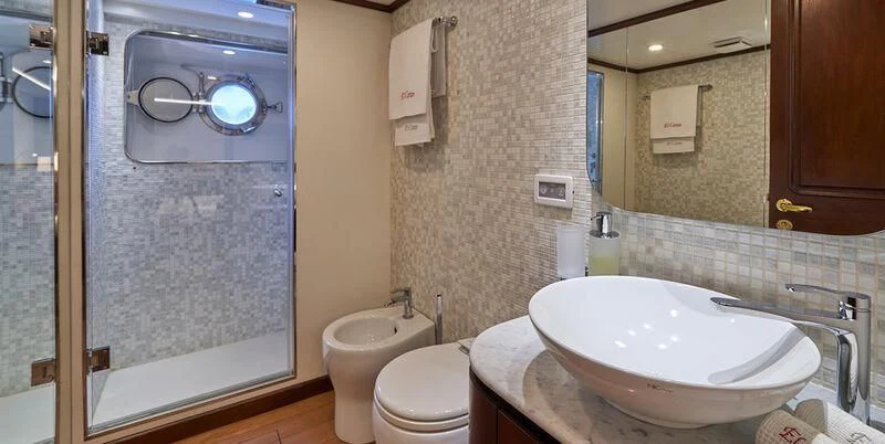 a bathroom with a glass shower aboard DENEB'S DAUGHTERS Yacht for Sale