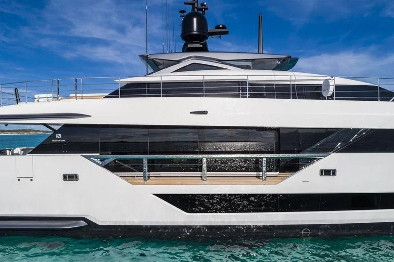 a white boat in the water aboard NEVER BLUE Yacht for Sale