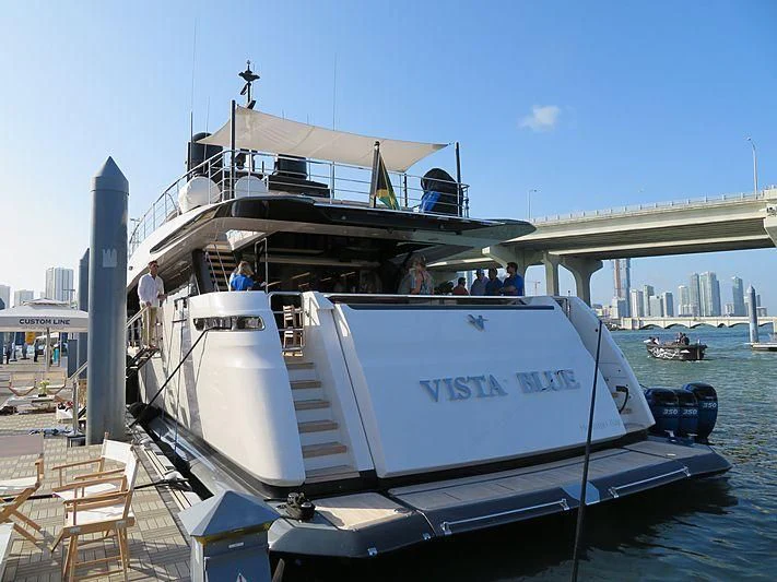 a boat docked at a pier aboard NEVER BLUE Yacht for Sale