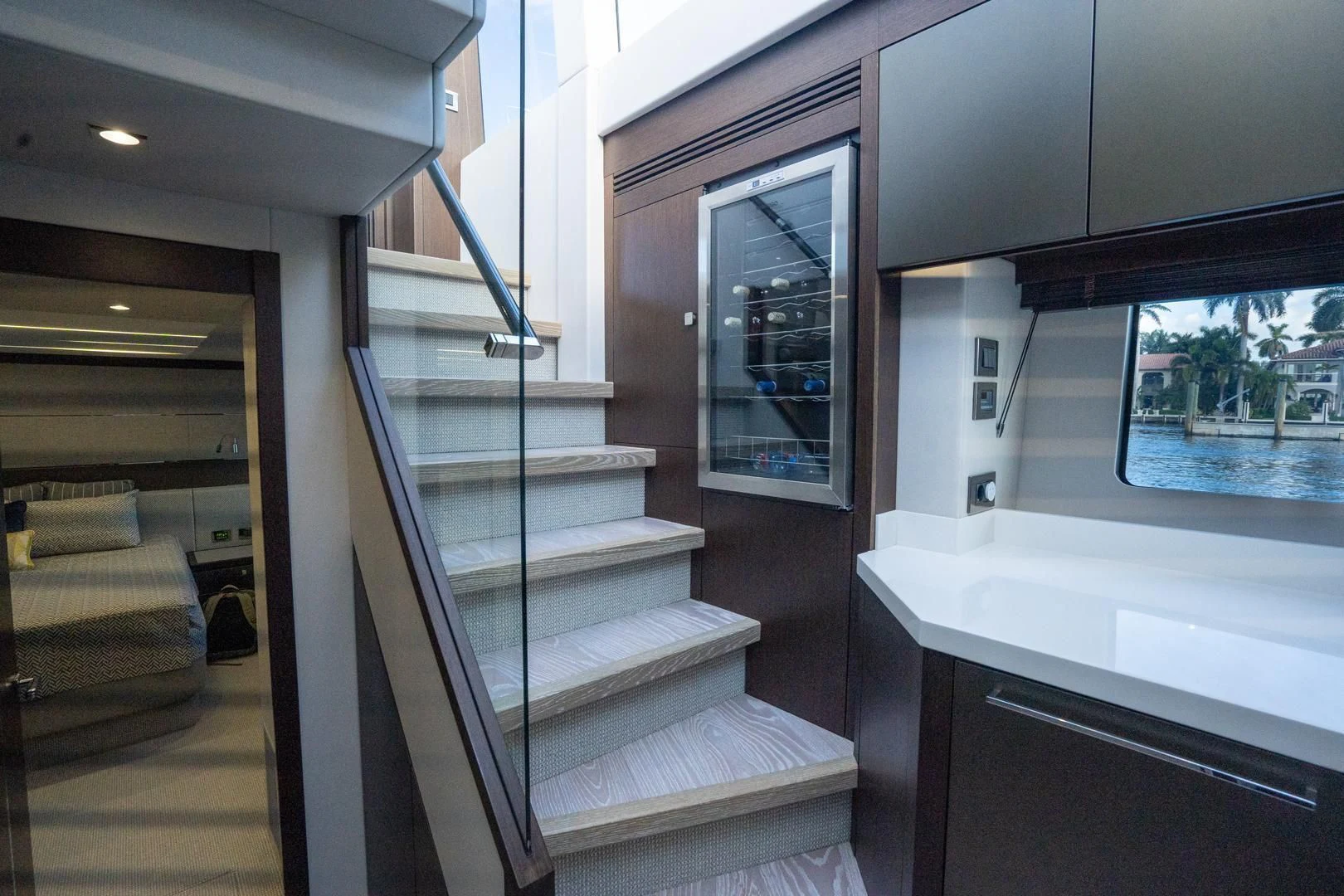a bathroom with a large window aboard INCENTIVIZED Yacht for Sale