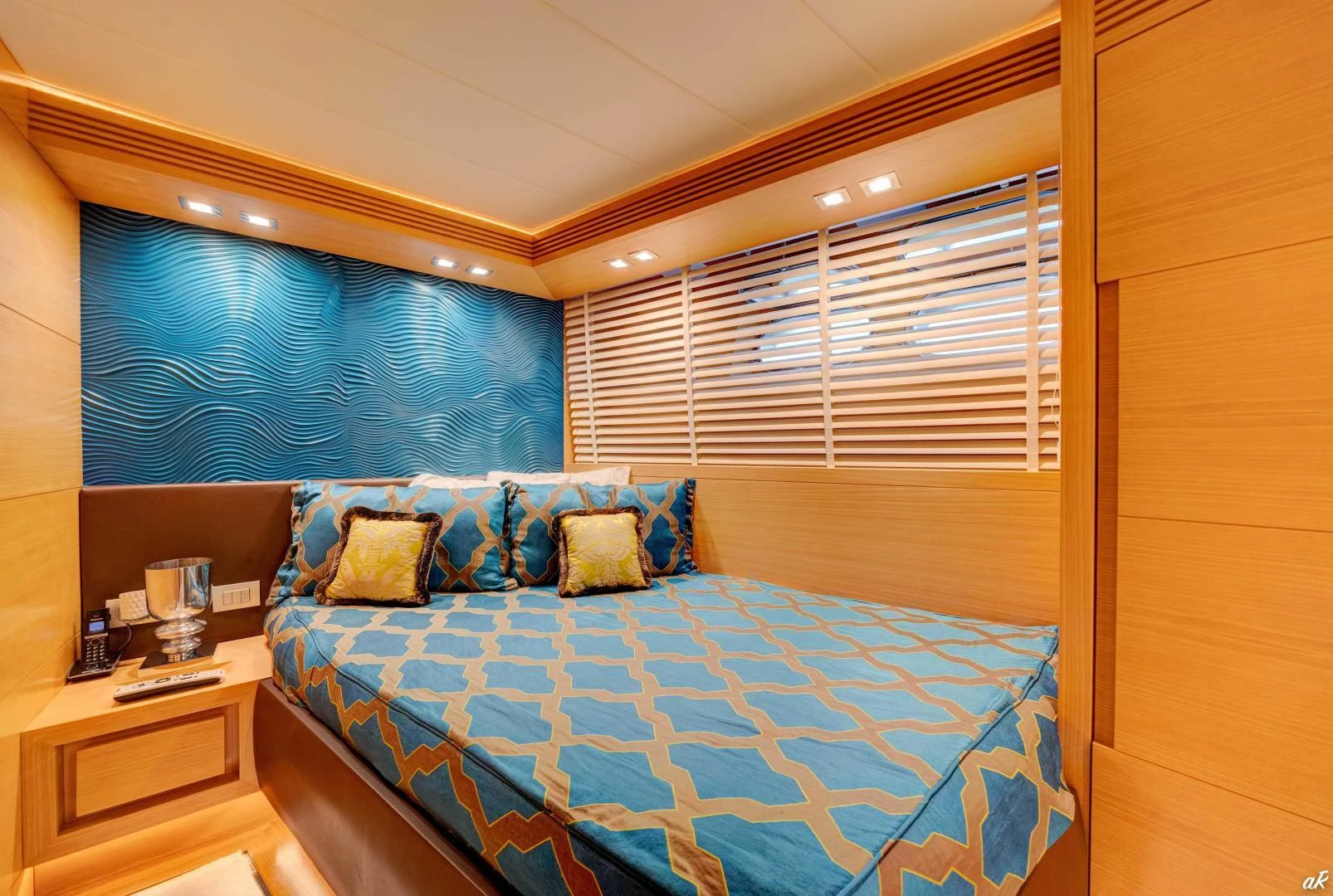 a bed in a room aboard NEVER REST Yacht for Sale