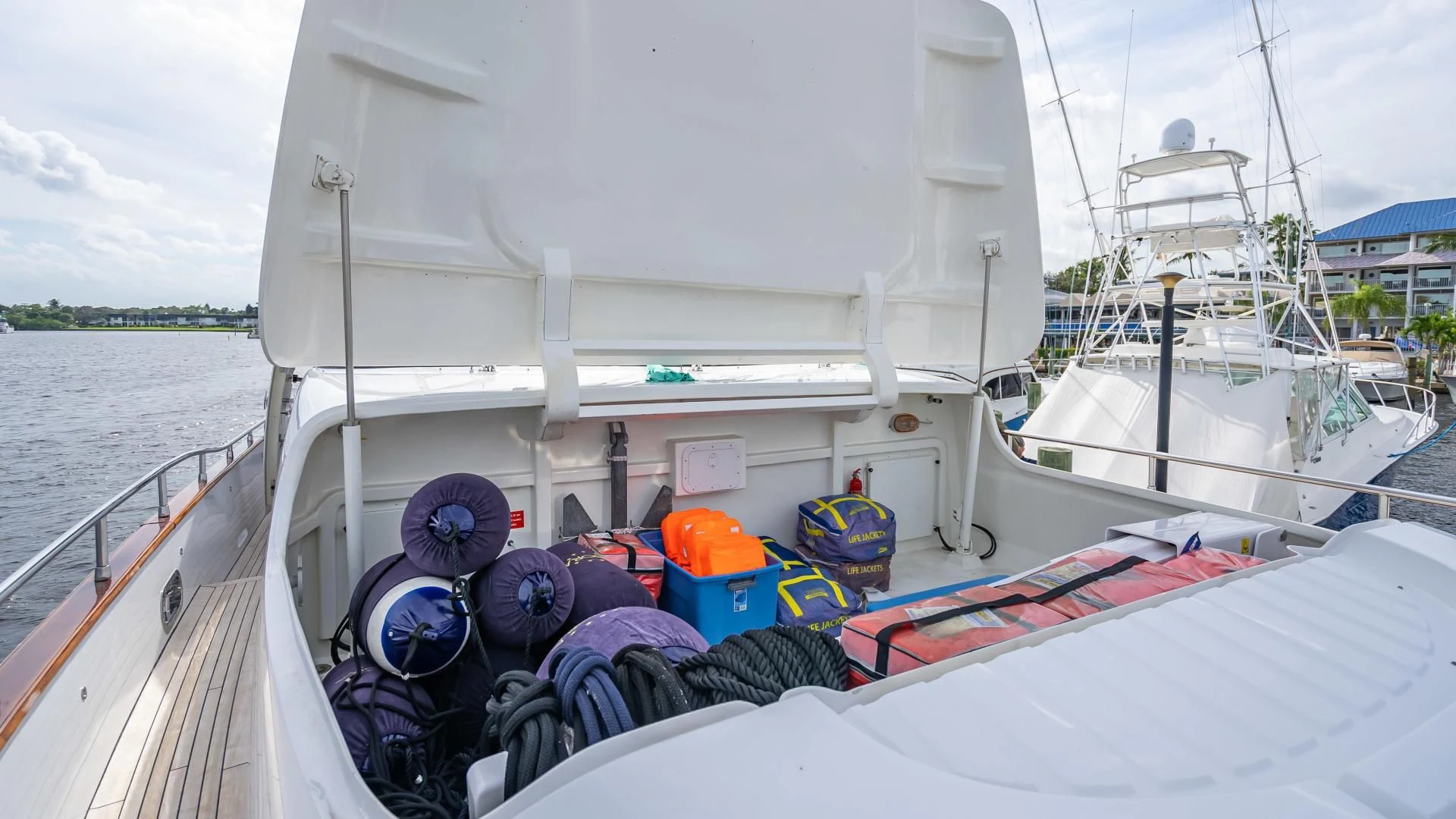 a boat with a blue object on it aboard NEVER REST Yacht for Sale