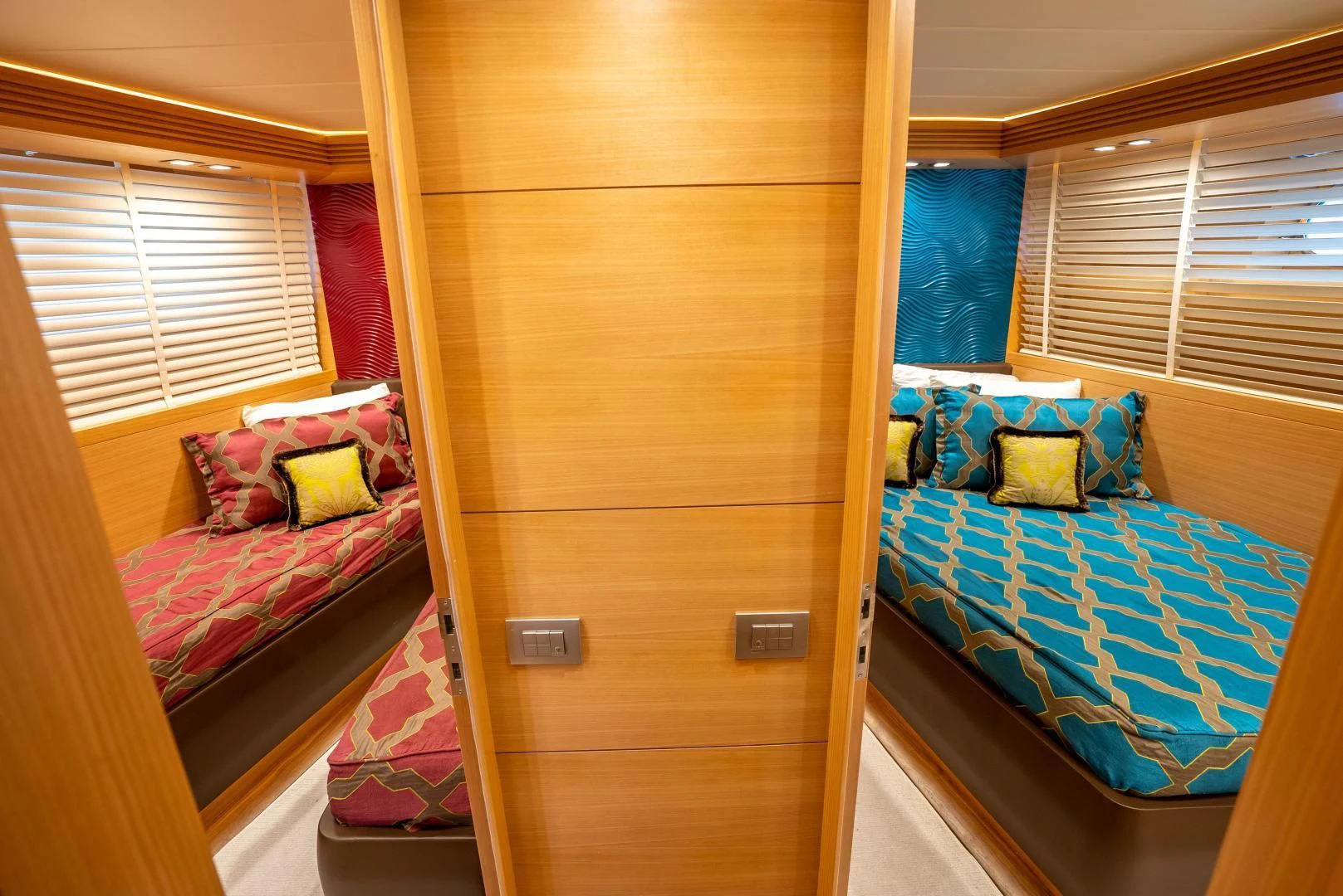 a room with a bed and a window aboard NEVER REST Yacht for Sale