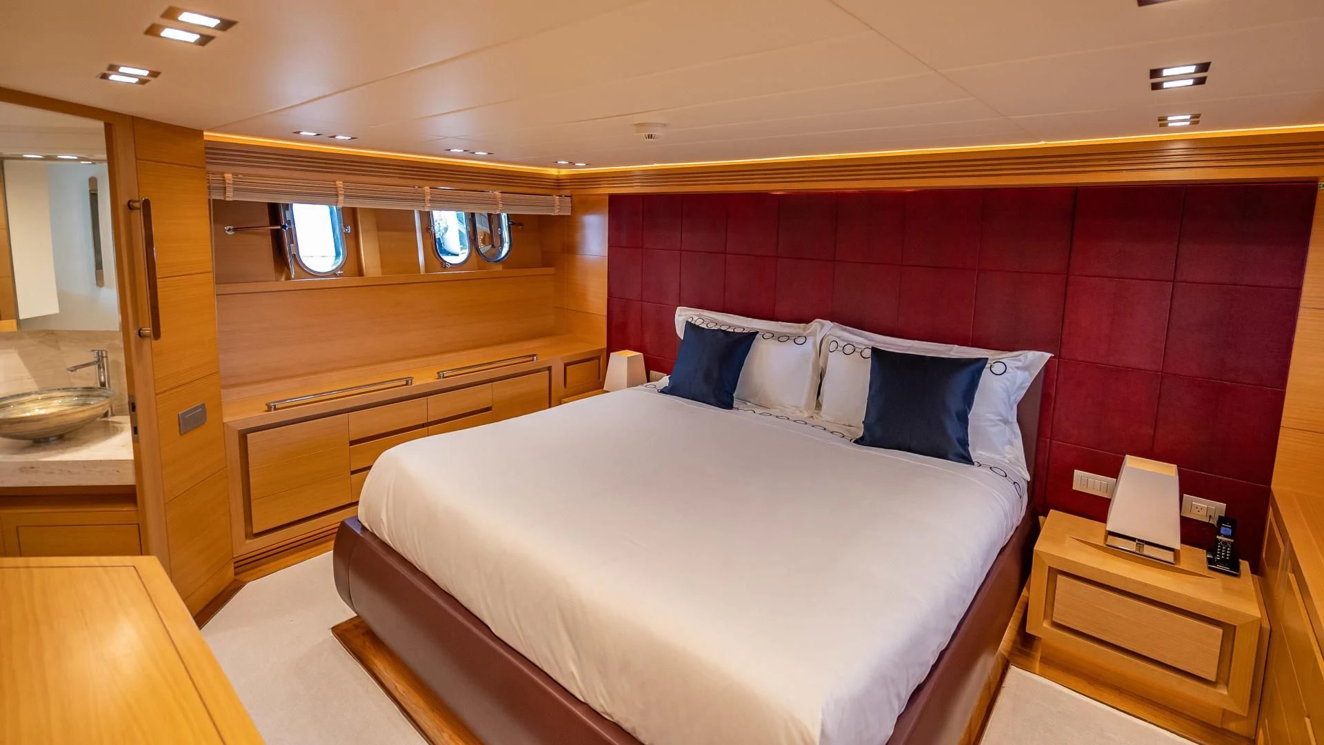 a bed in a room aboard NEVER REST Yacht for Sale