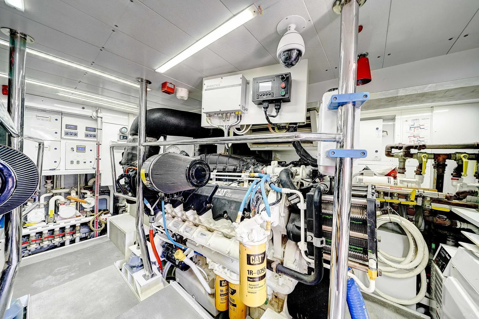 a room with machinery and pipes aboard NEVER REST Yacht for Sale