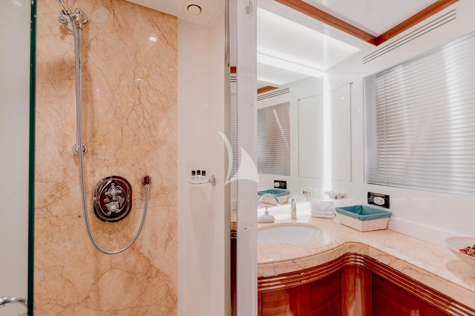 a bathroom with a shower and sink aboard LADY MURA Yacht for Sale